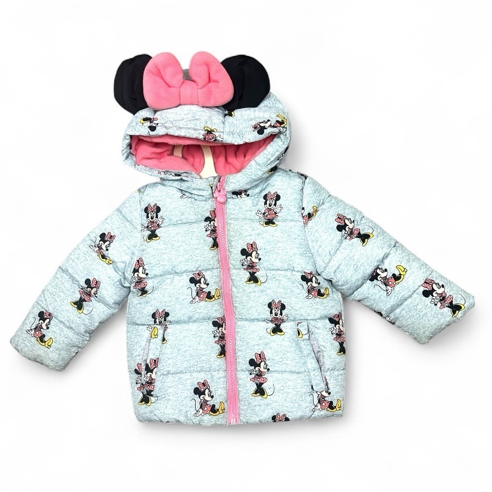 [KID] Disney Baby Minnie Mouse Puffer Jacket 12–18M | Grey & Pink Winter Coat